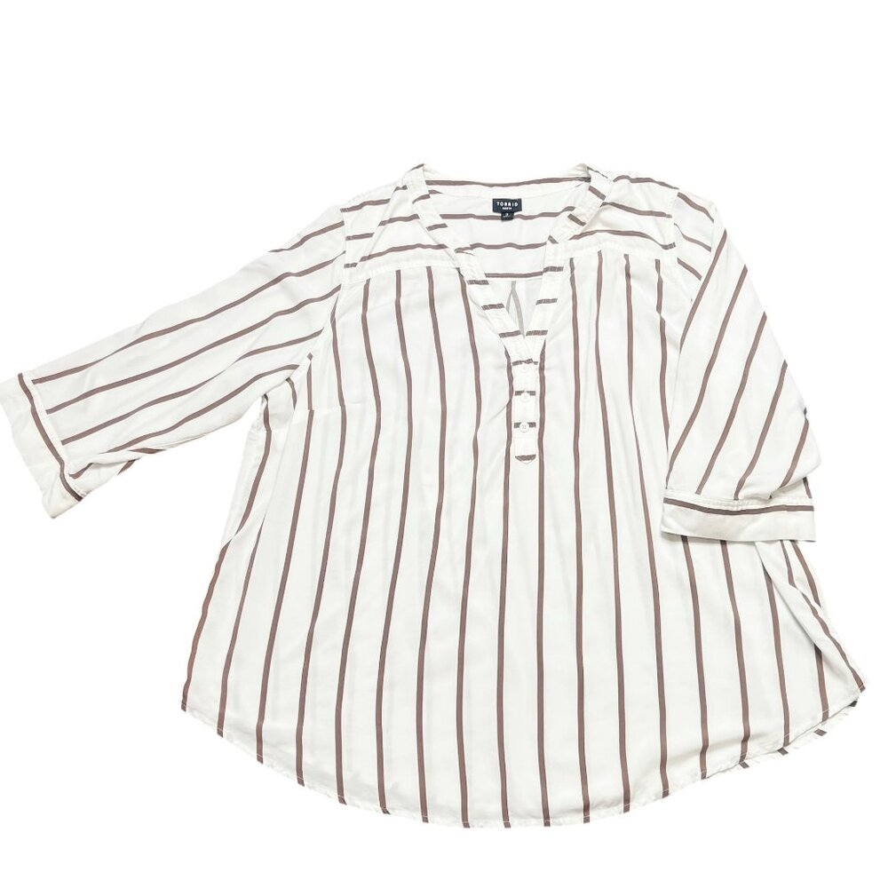 Torrid Harper Top Womens Size 3X (Torrid Size 3) White Brown Roll Tab Sleeves